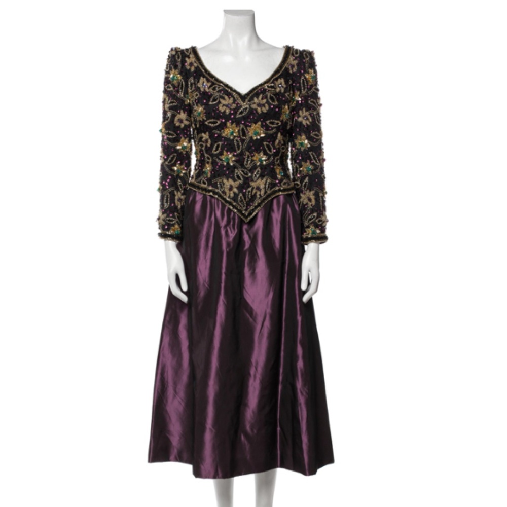 SOLD Naeem Khan Riazee Nights Black Beaded Bodice & Eggplant Midi/Maxi Dress, M